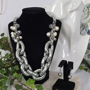 Silver Chunky Link Statement Necklace and Earring set with Pearls  Crystal Beads